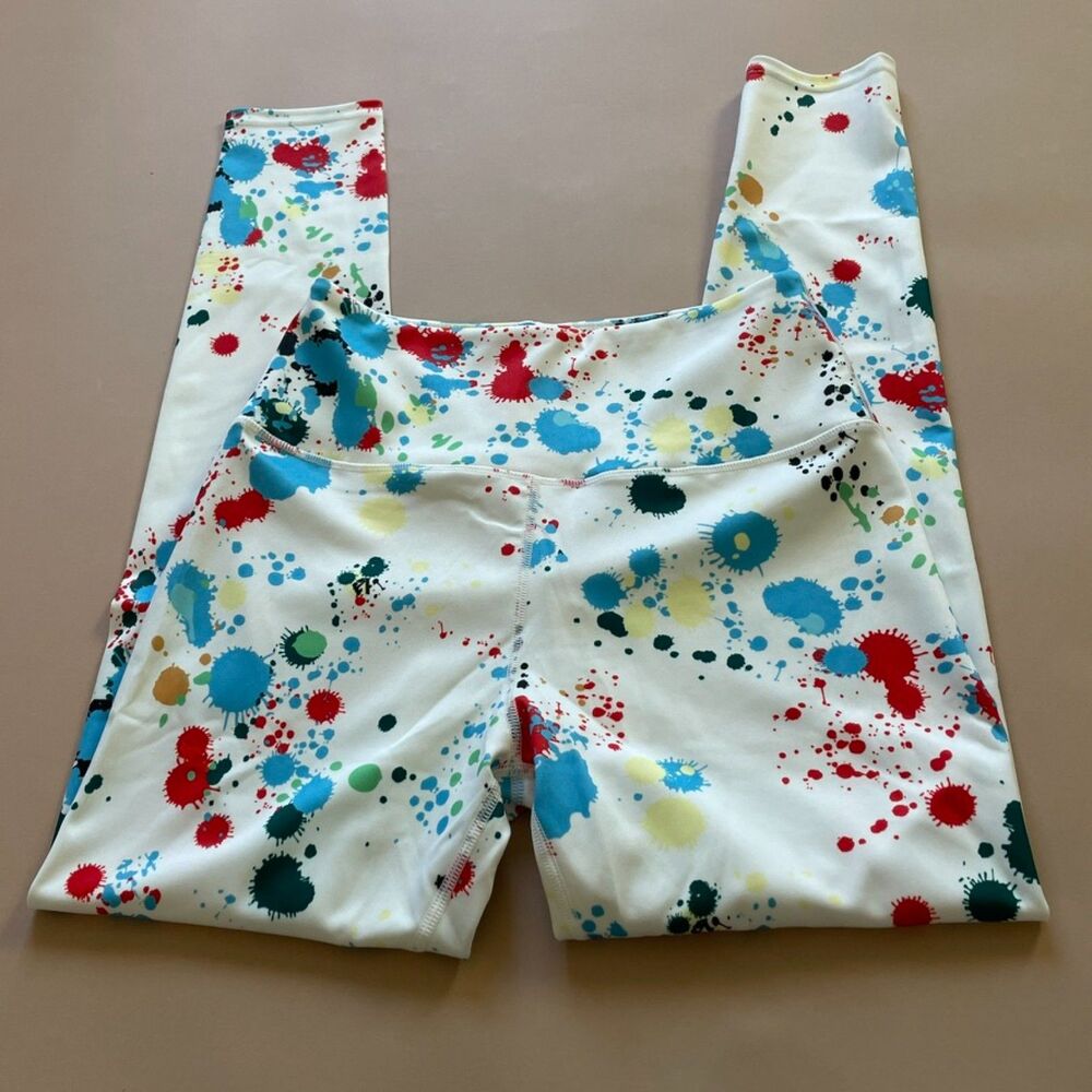 LA Society Paint Splatter High Rise Workout Leggings White Multicolor L NWT
